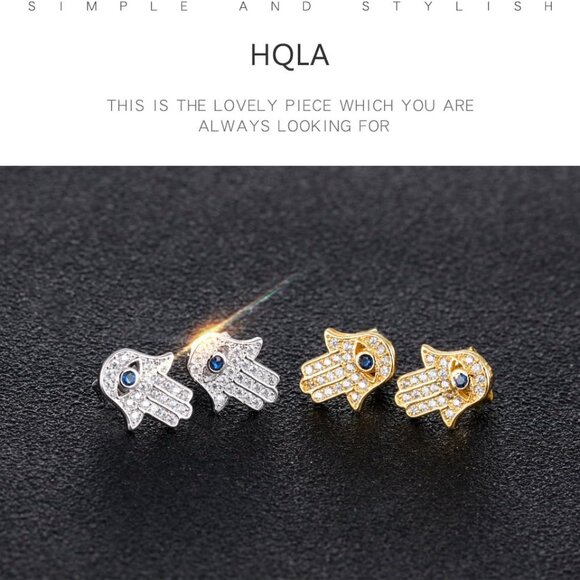 Yellow Gold/White Gold Plated Evil Eye and Hamsa Hand of Fatima White Blue Cubic - Picture 2 of 5